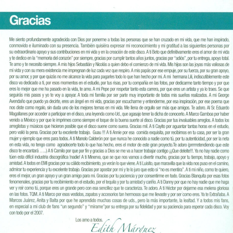 Cartula Interior Frontal de Edith Marquez - Mas Memorias Del Corazon