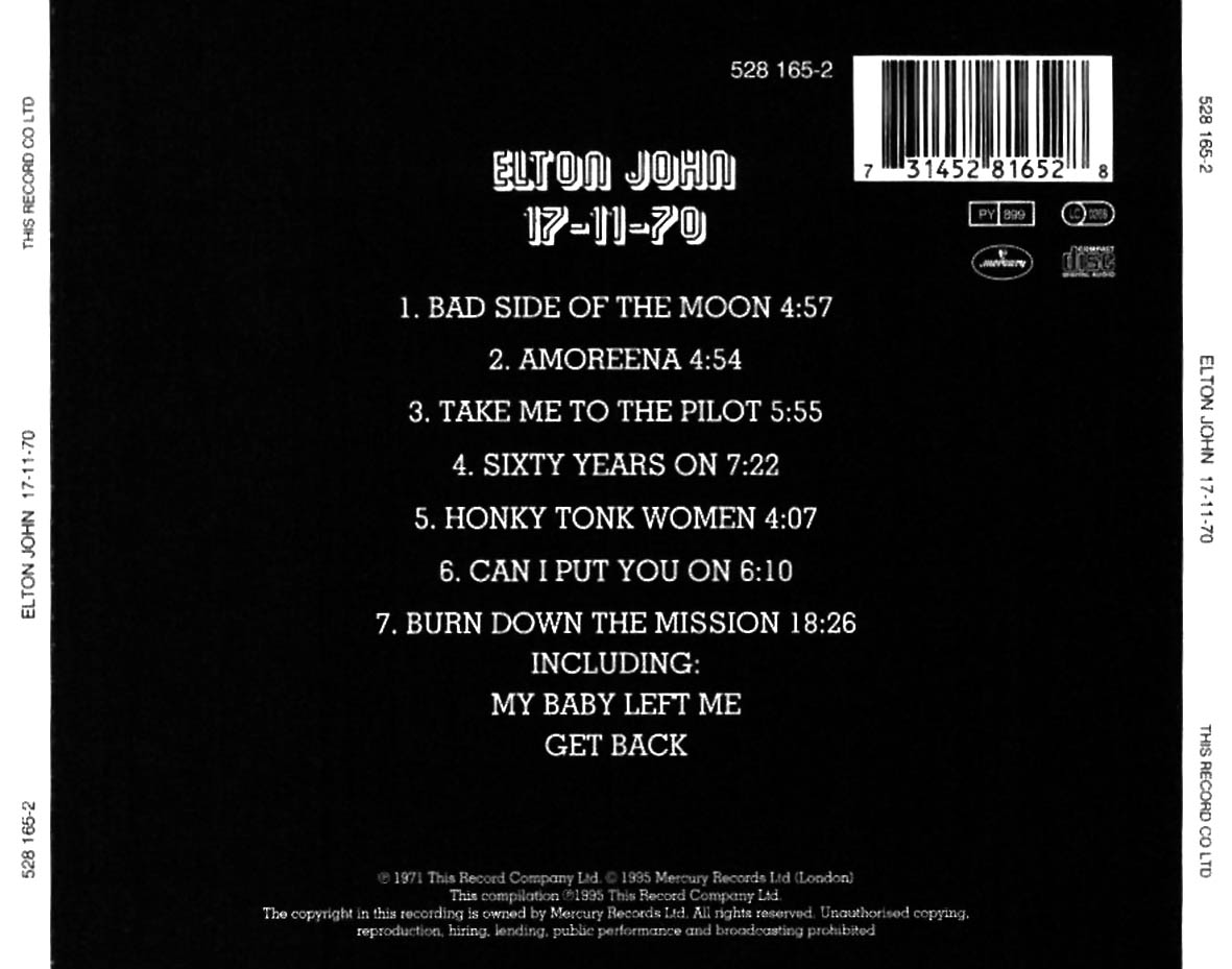 Cartula Trasera de Elton John - 17-11-70