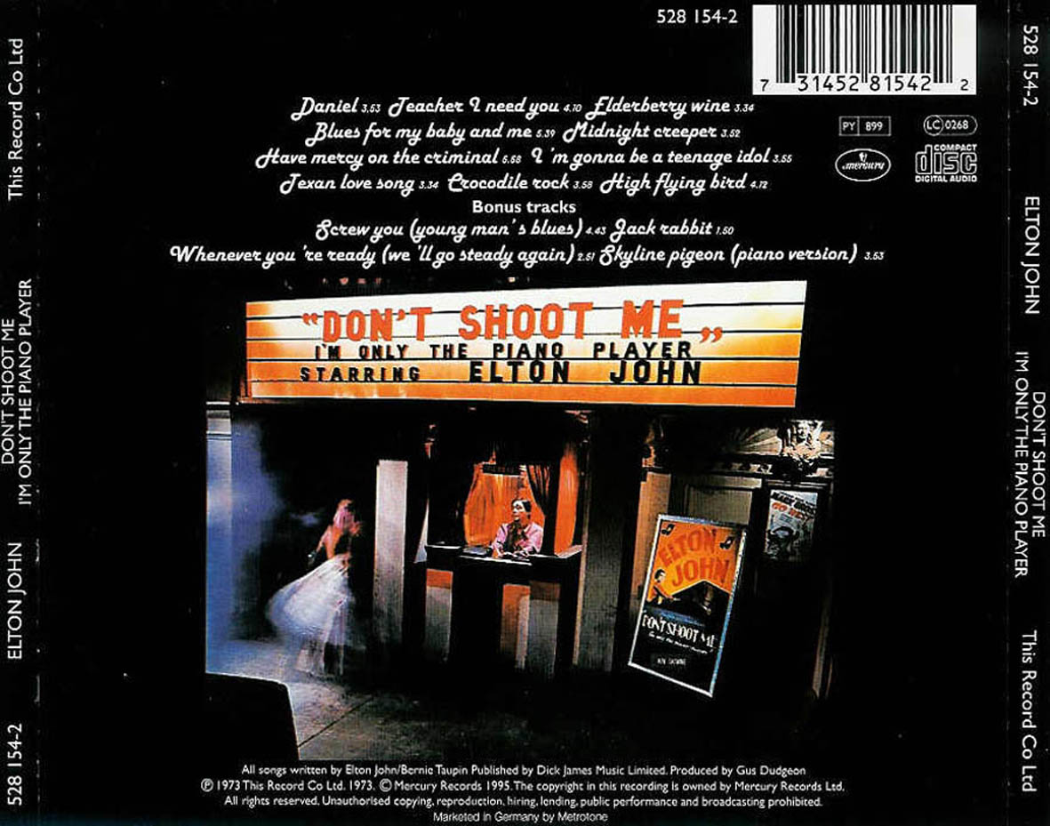 Cartula Trasera de Elton John - Don't Shoot Me I'm Only The Piano Player