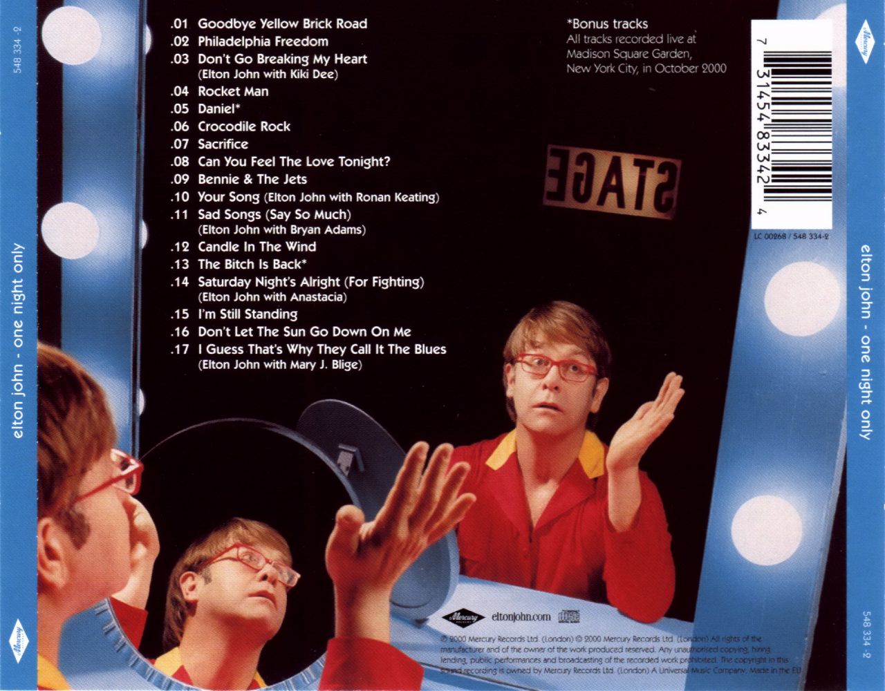 Cartula Trasera de Elton John - One Night Only