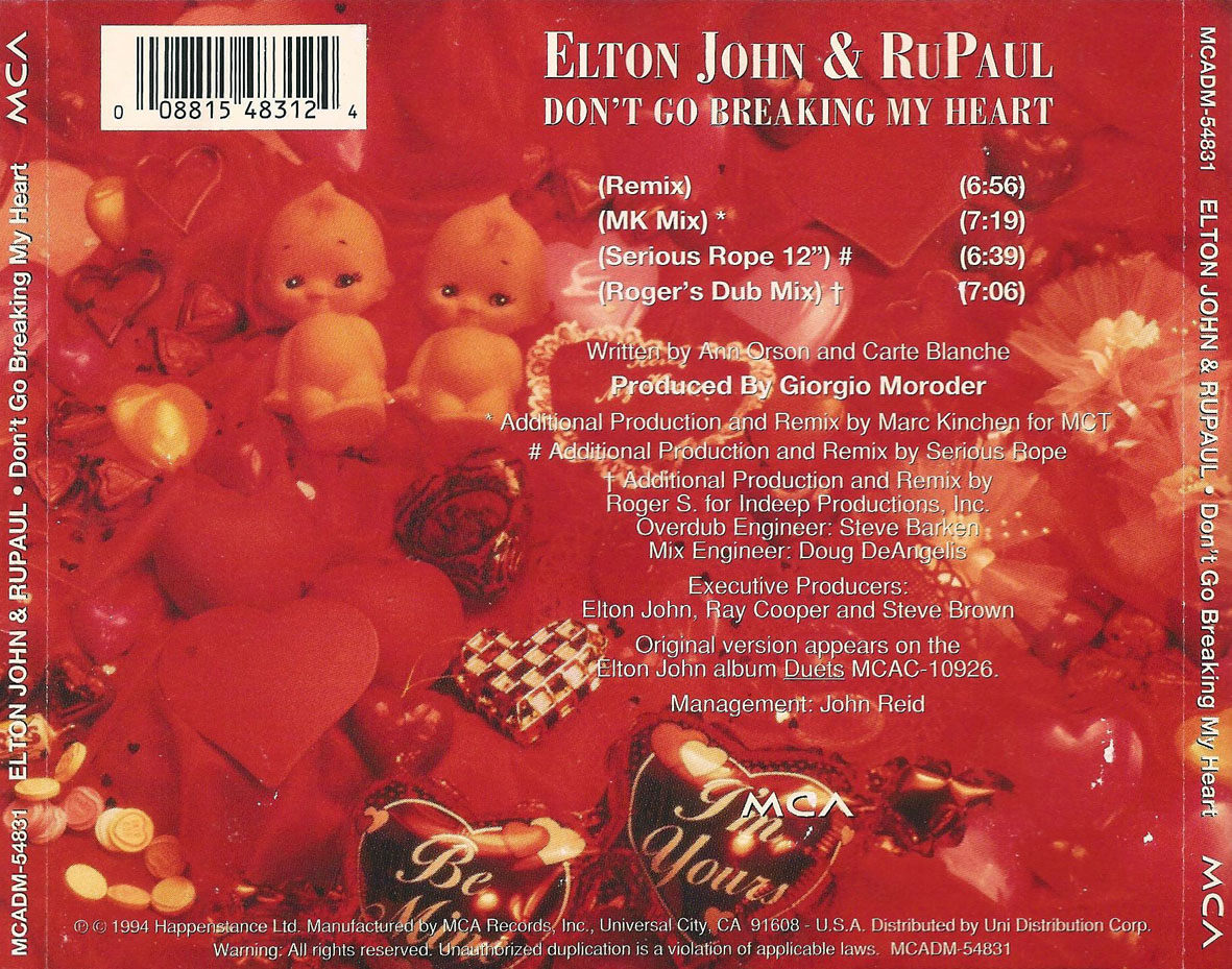 Cartula Trasera de Elton John & Rupaul - Don't Go Breaking My Heart (Cd Single)