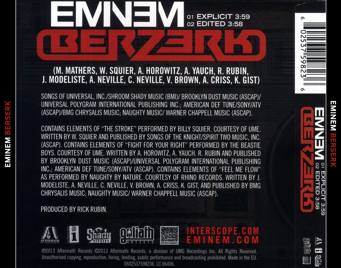 Cartula Trasera de Eminem - Berzerk (Cd Single)