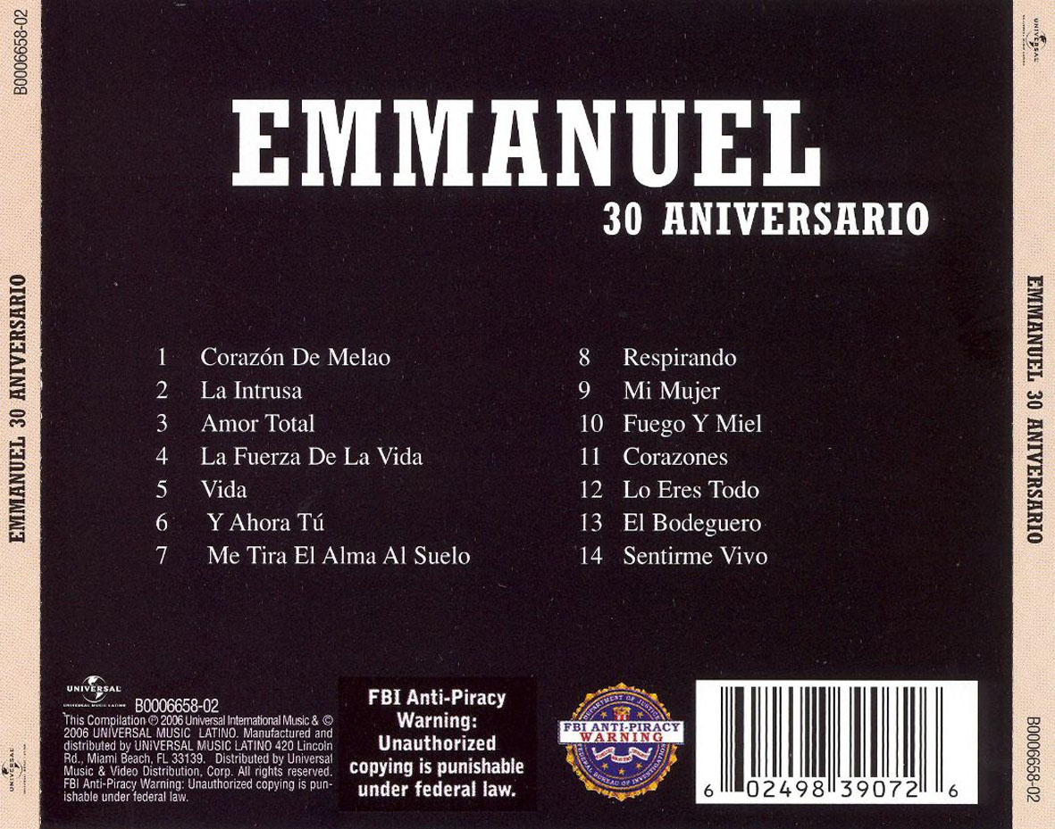 Cartula Trasera de Emmanuel - 30 Aniversario