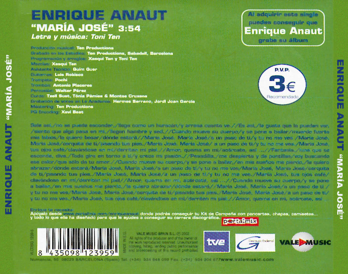 Cartula Trasera de Enrique Anaut - Maria Jose (Cd Single)