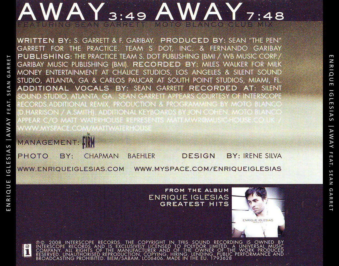 Cartula Trasera de Enrique Iglesias - Away (Featuring Sean Garrett) (Cd Single)