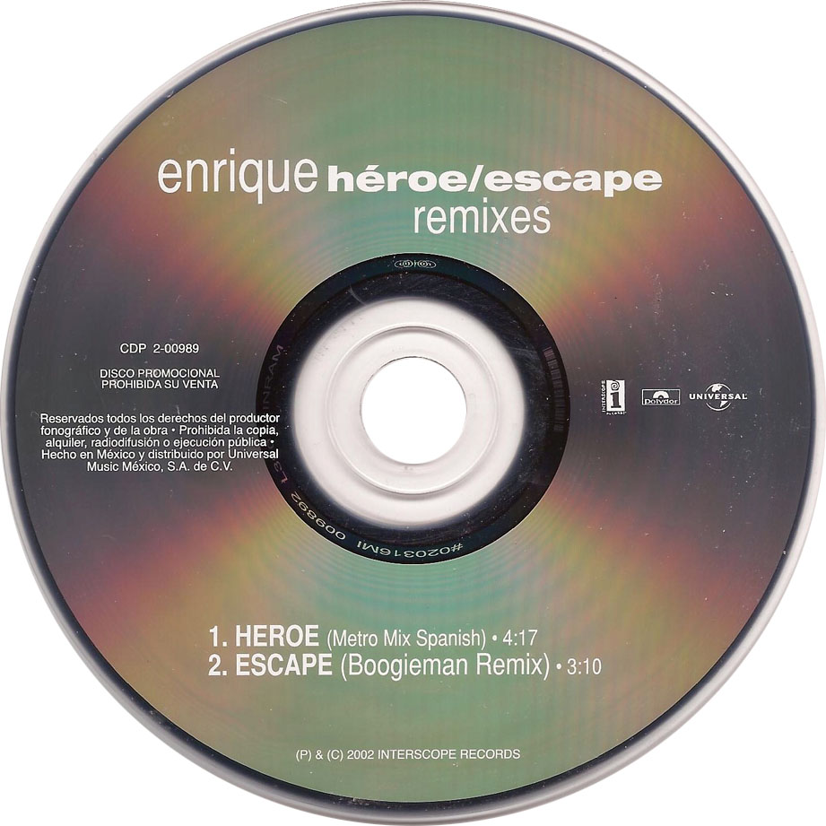 Cartula Cd de Enrique Iglesias - Heroe / Escape (Remixes) (Cd Single)