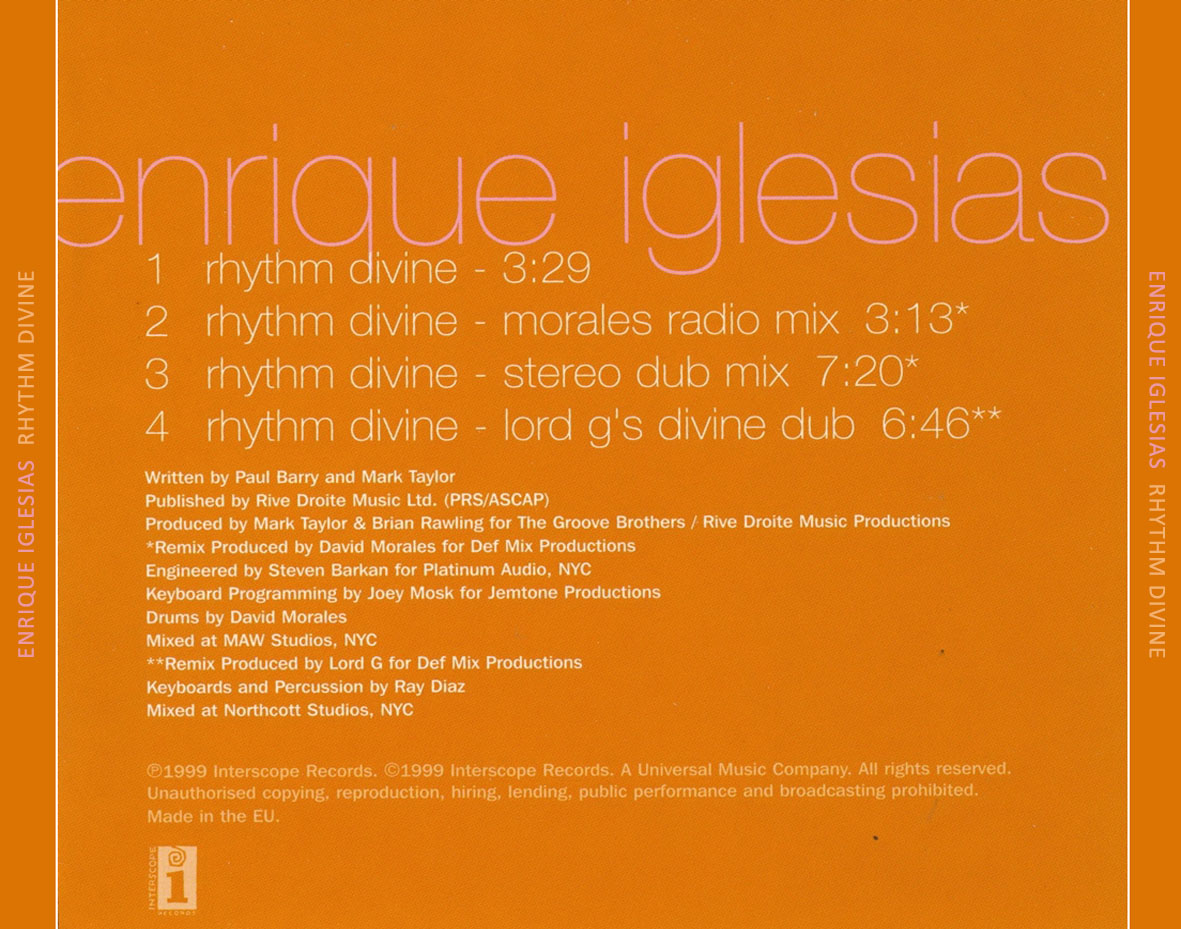 Cartula Trasera de Enrique Iglesias - Rhythm Divine (Cd Single)