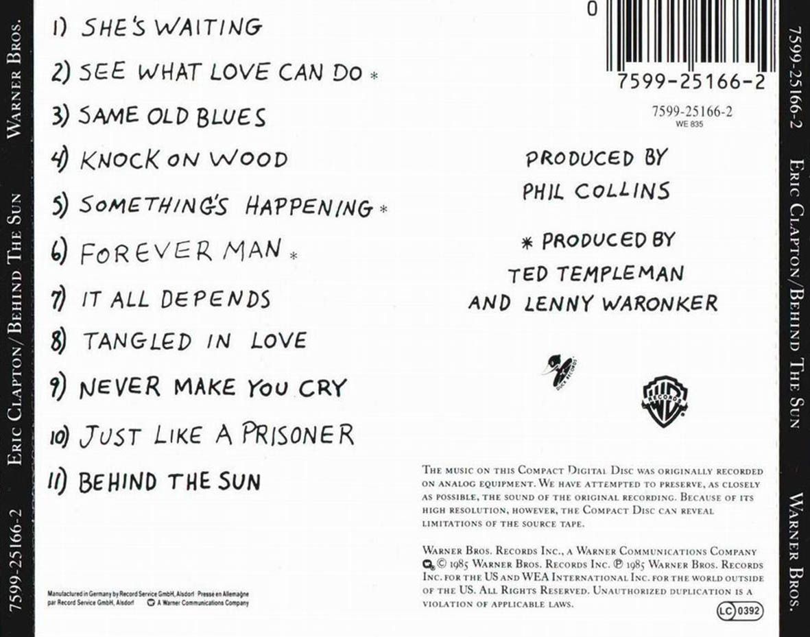 Cartula Trasera de Eric Clapton - Behind The Sun
