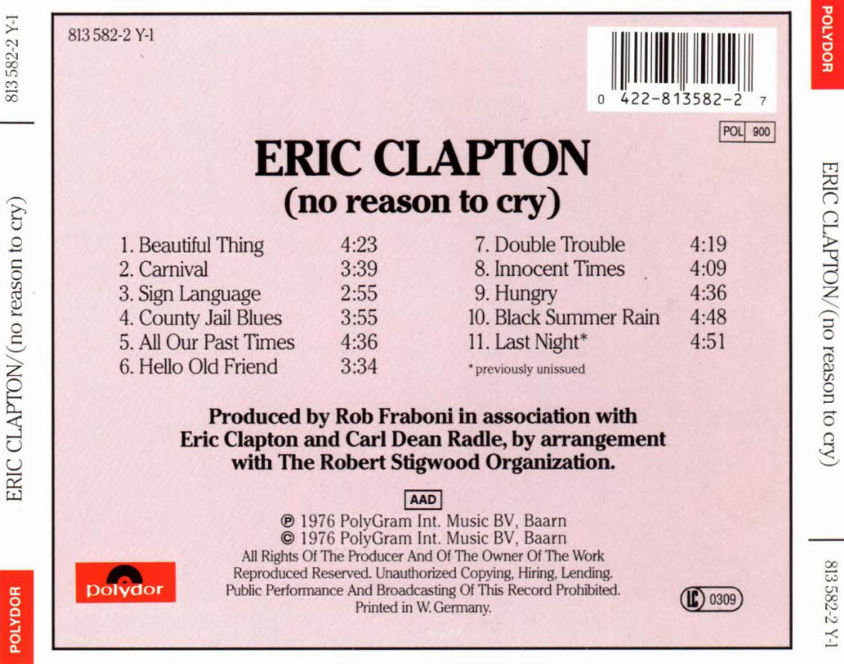 Cartula Trasera de Eric Clapton - No Reason To Cry
