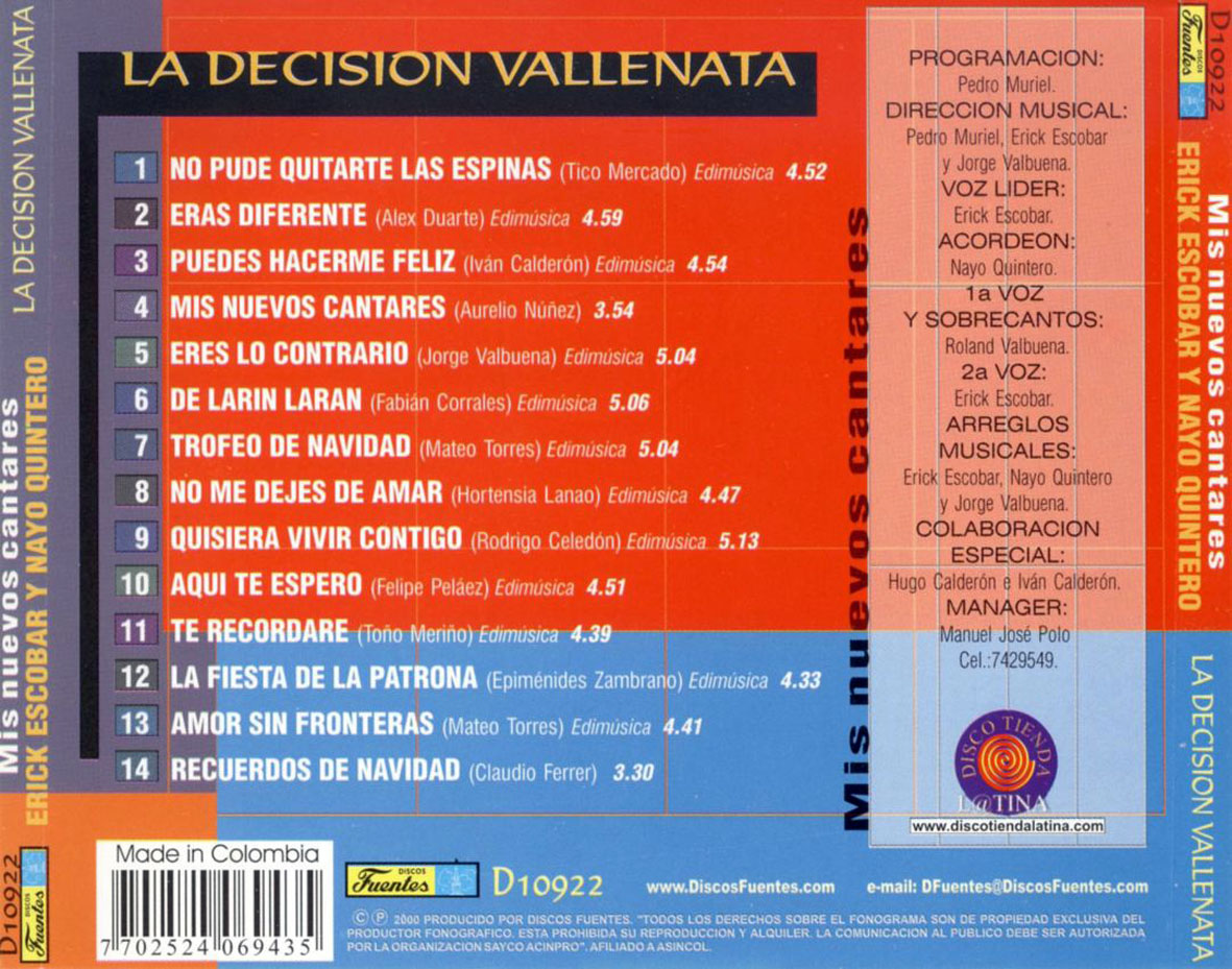 Cartula Trasera de Erick Escobar & Nayo Quintero, La Decision Vallenata - Mis Nuevos Cantares