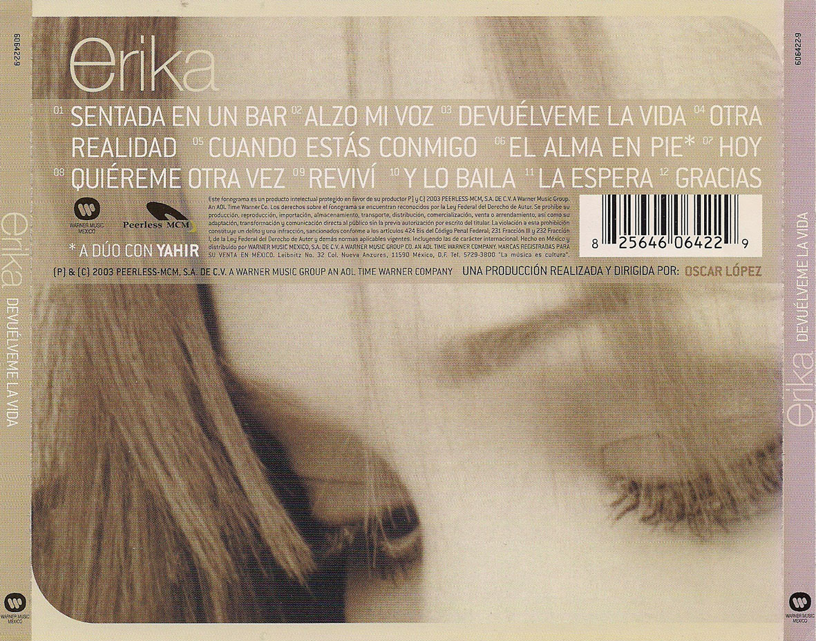 Cartula Trasera de Erika - Devuelveme La Vida
