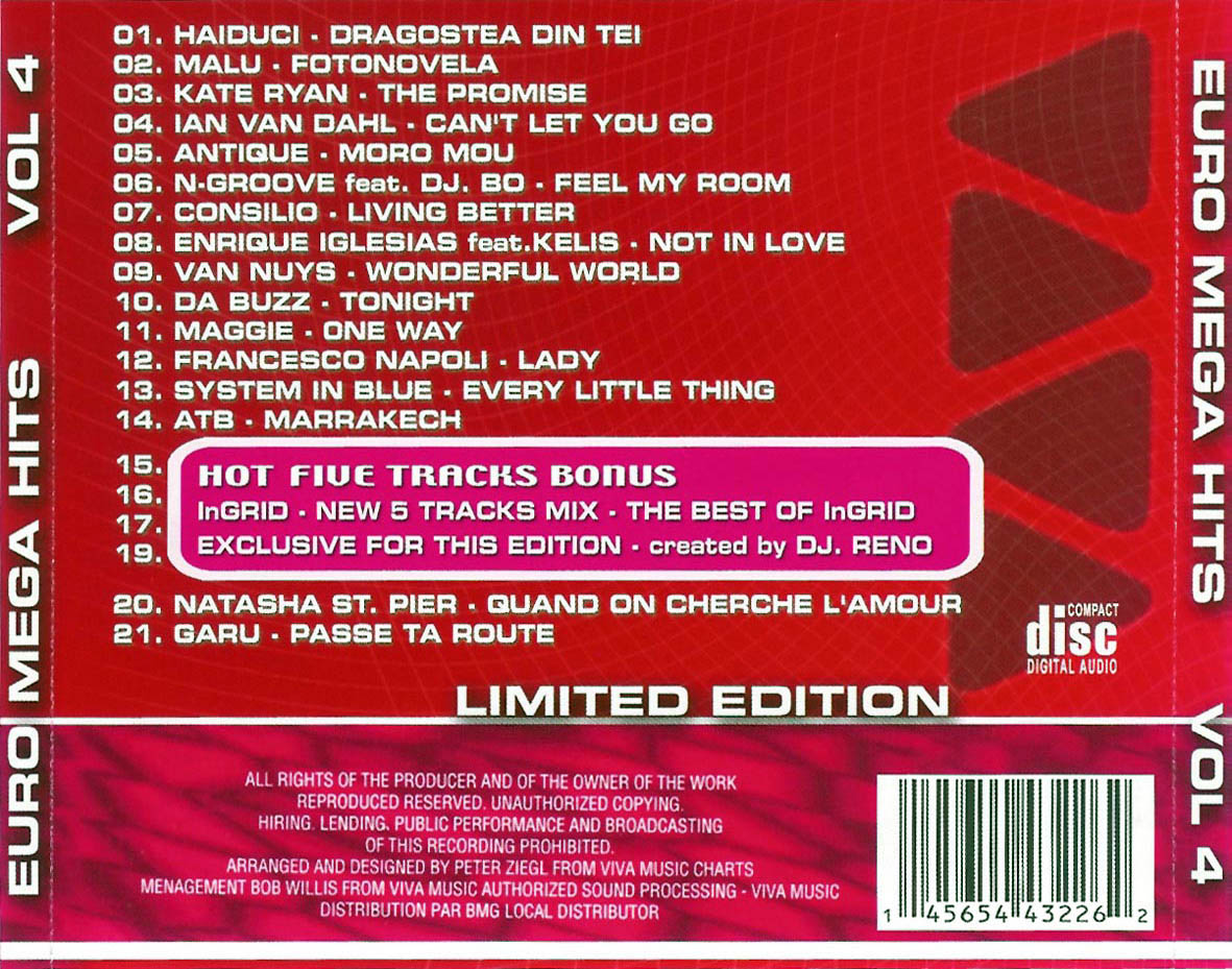 Cartula Trasera de Euro Mega Hits Volume 4