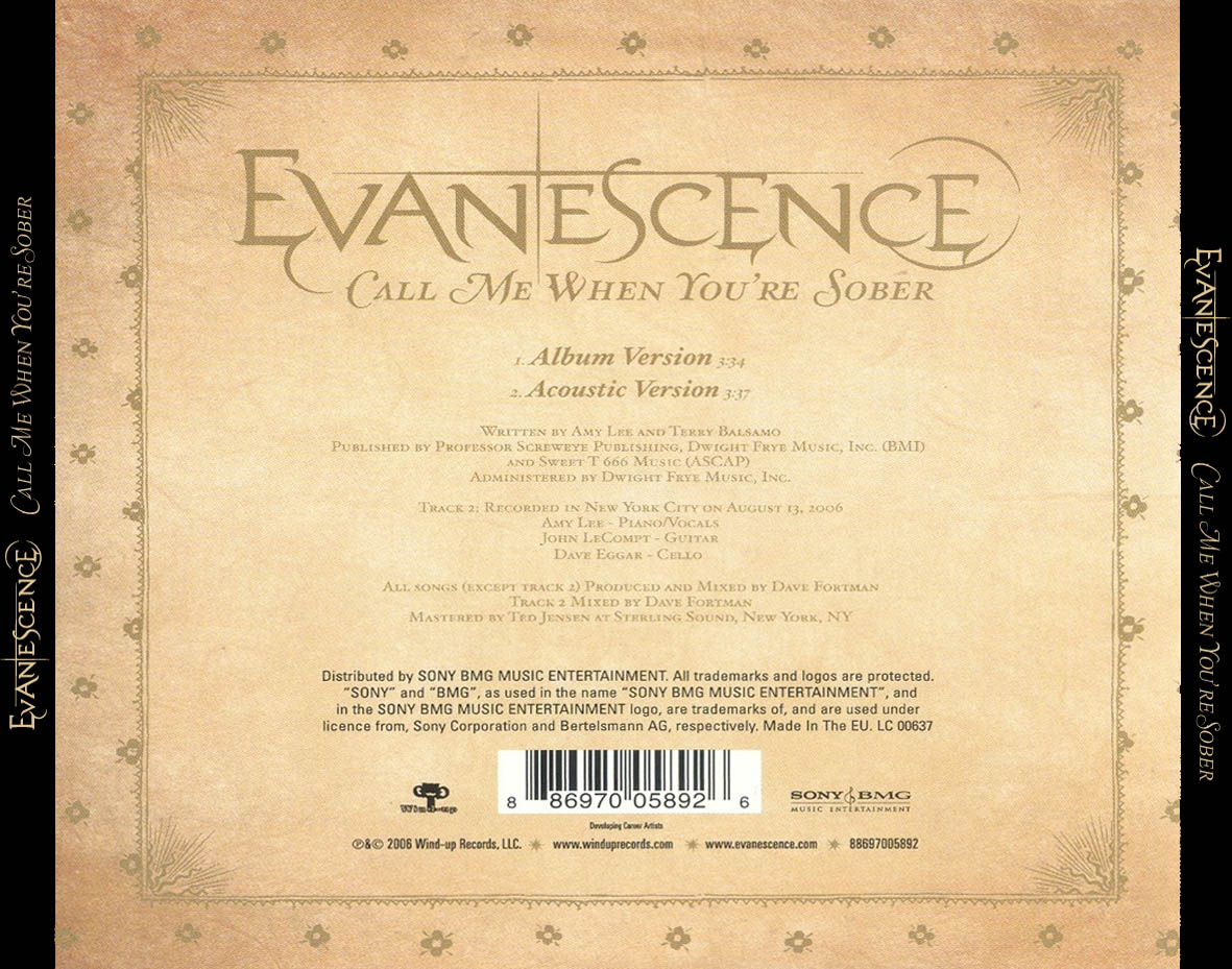 Cartula Trasera de Evanescence - Call Me When You're Sober (Cd Single)