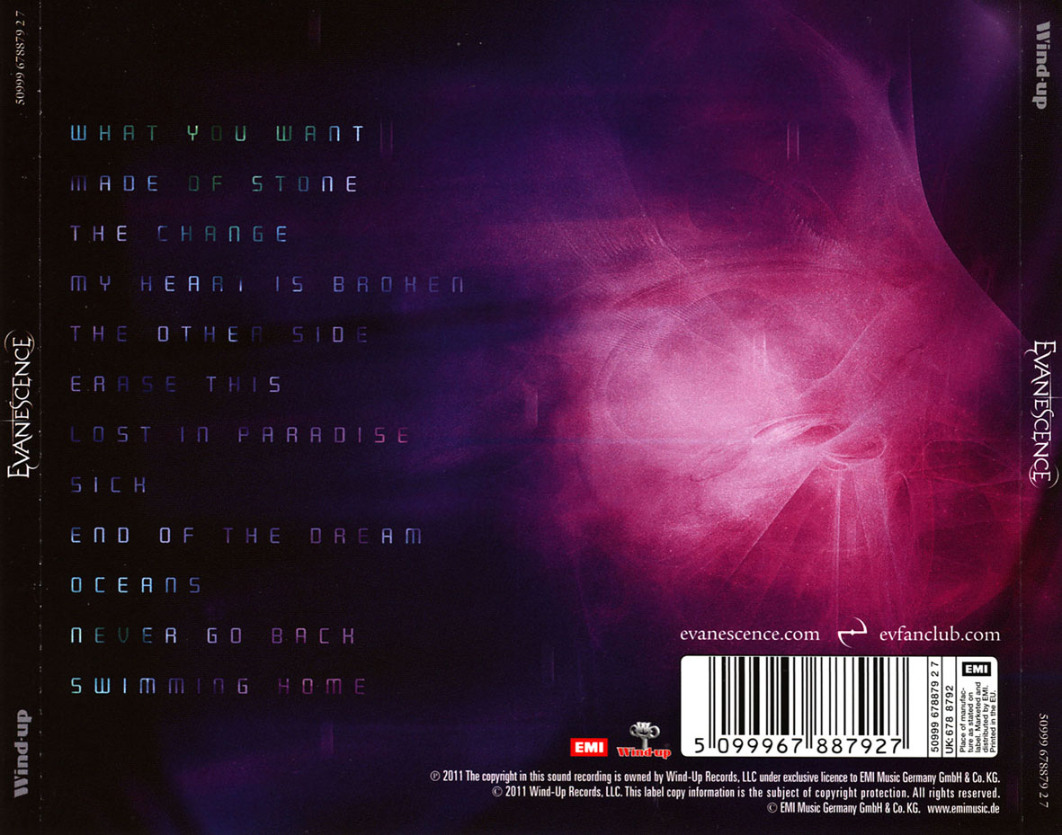 Cartula Trasera de Evanescence - Evanescence