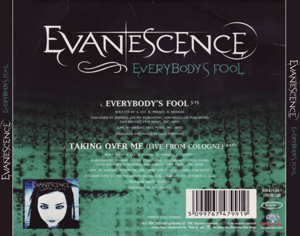 Cartula Trasera de Evanescence - Everybody's Fool (Cd Single)