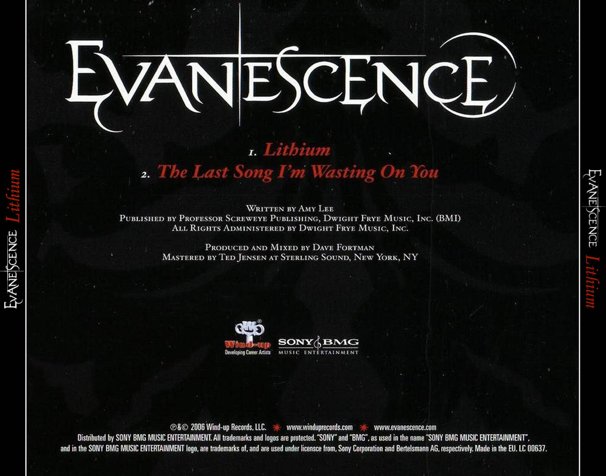 Cartula Trasera de Evanescence - Lithium (Cd Single)