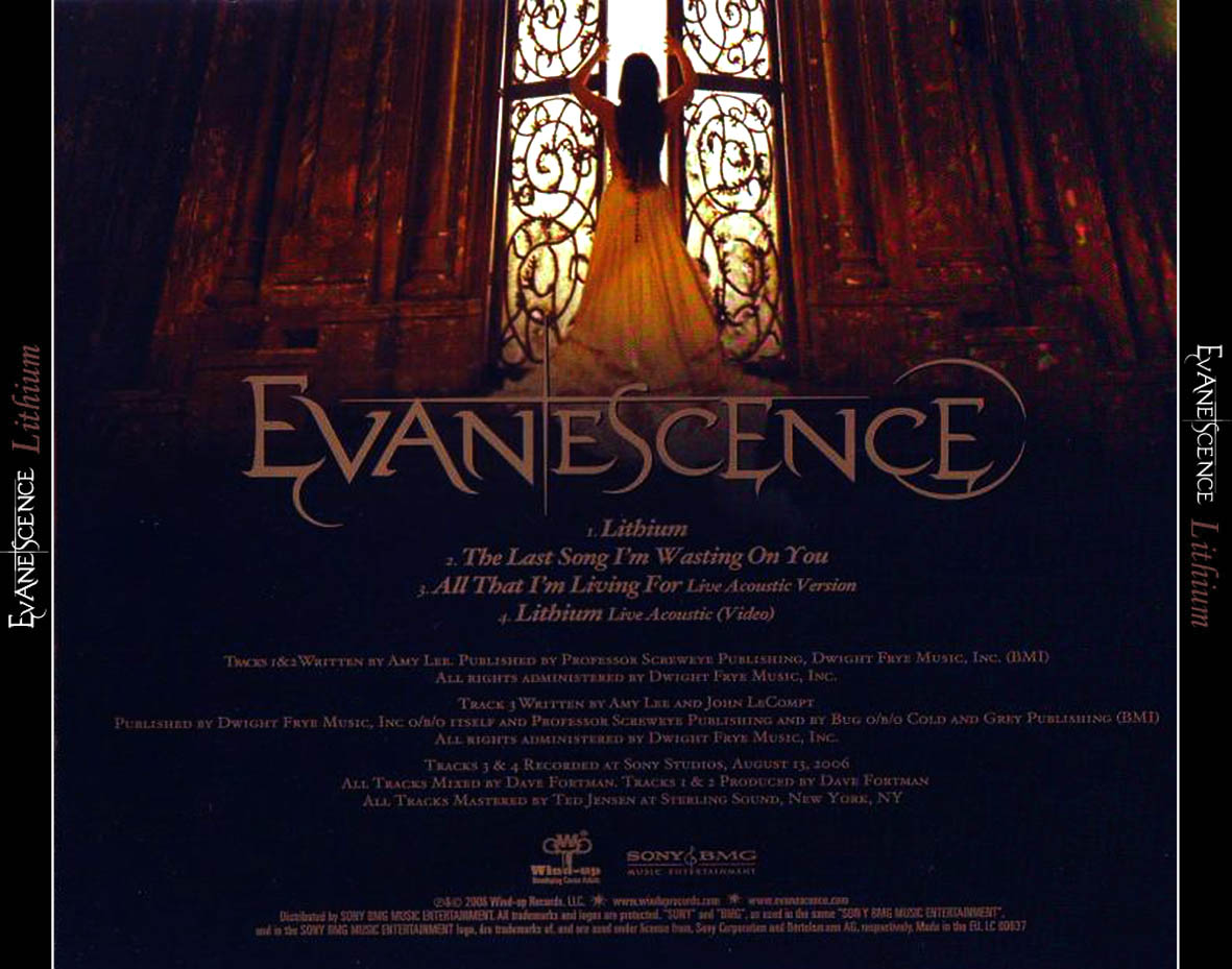 Cartula Trasera de Evanescence - Lithium (Parte 2) (Cd Single)