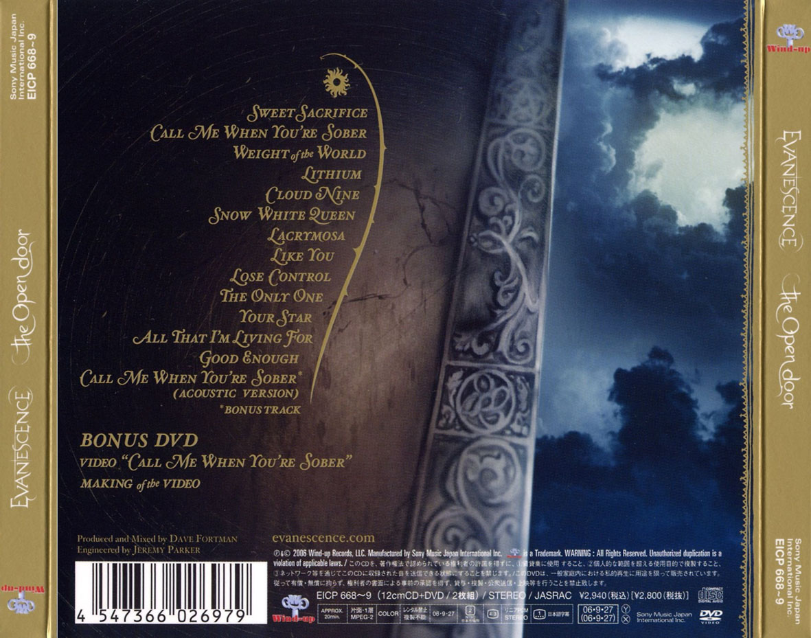 Cartula Trasera de Evanescence - The Open Door (Japan Edition)