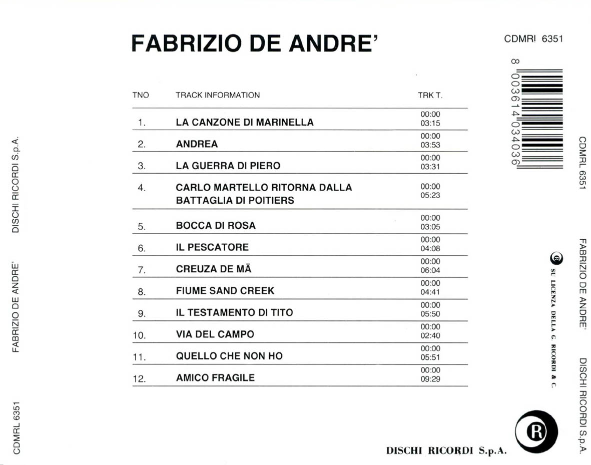 Cartula Trasera de Fabrizio De Andre - Fabrizio De Andre