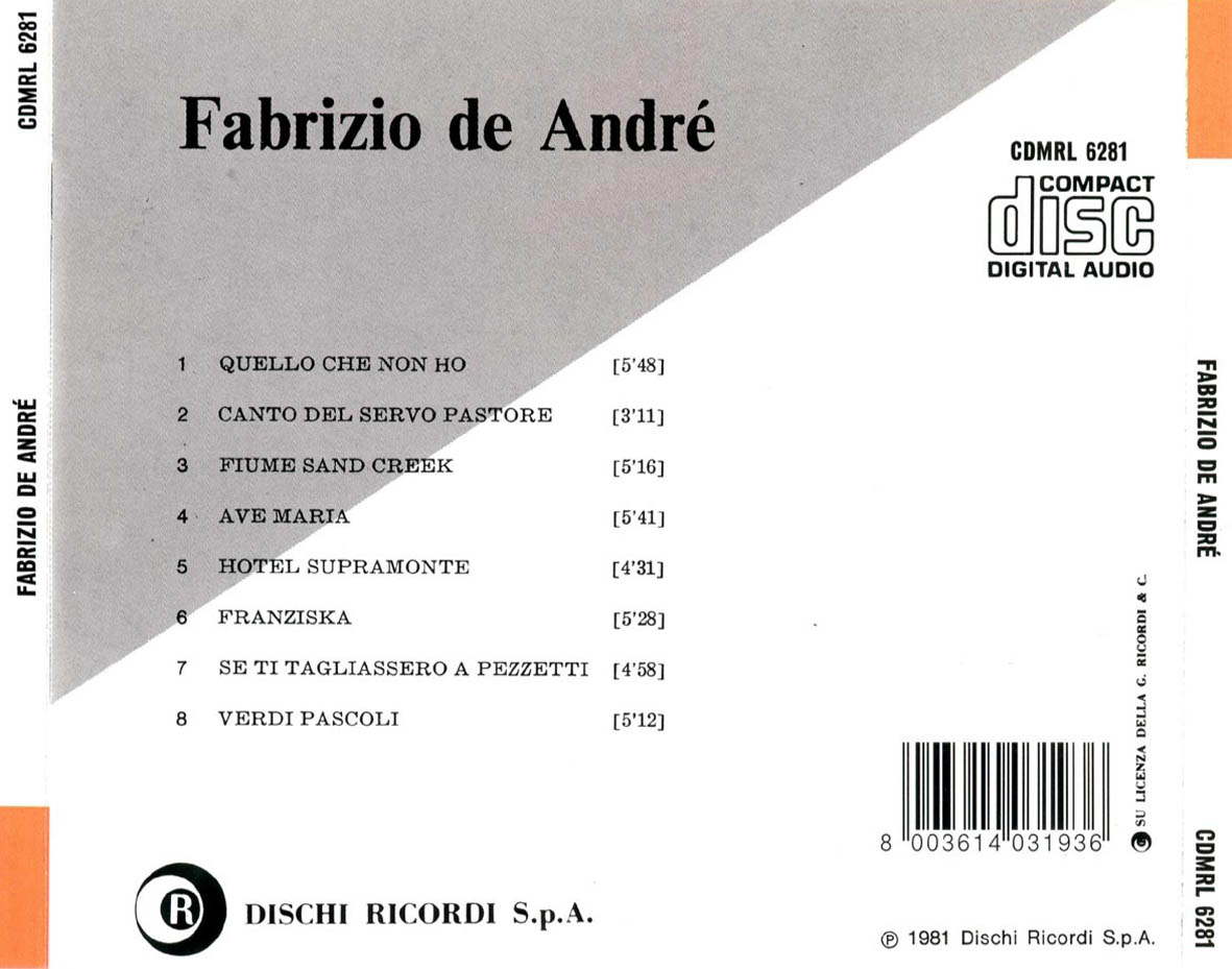 Cartula Trasera de Fabrizio De Andre - Fabrizio De Andre (1981)