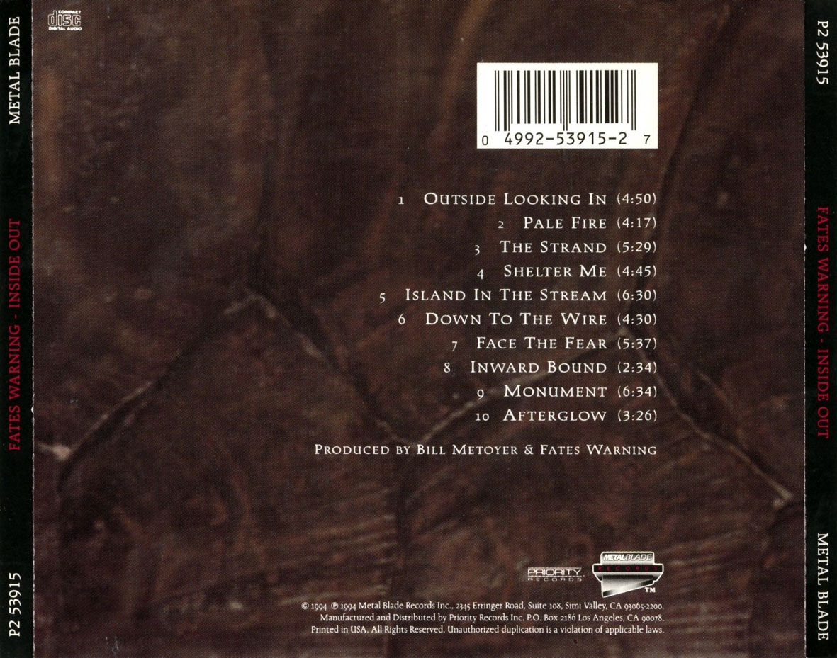 Cartula Trasera de Fates Warning - Inside Out