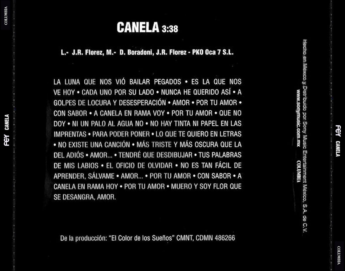 Cartula Trasera de Fey - Canela (Cd Single)