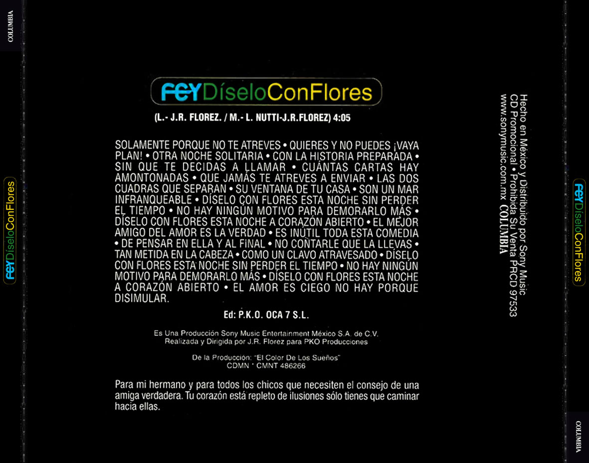 Cartula Trasera de Fey - Diselo Con Flores (Cd Single)