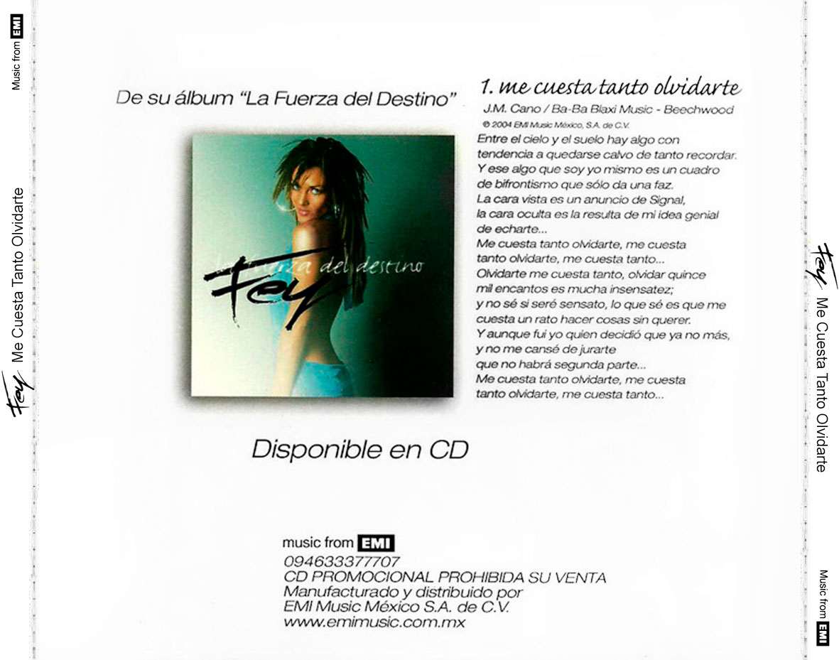 Cartula Trasera de Fey - Me Cuesta Tanto Olvidarte (Cd Single)