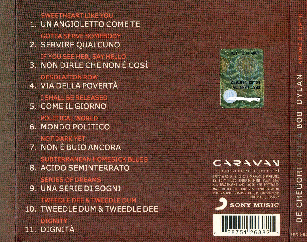 Cartula Trasera de Francesco De Gregori - De Gregori Canta Bob Dylan. Amore E Furto