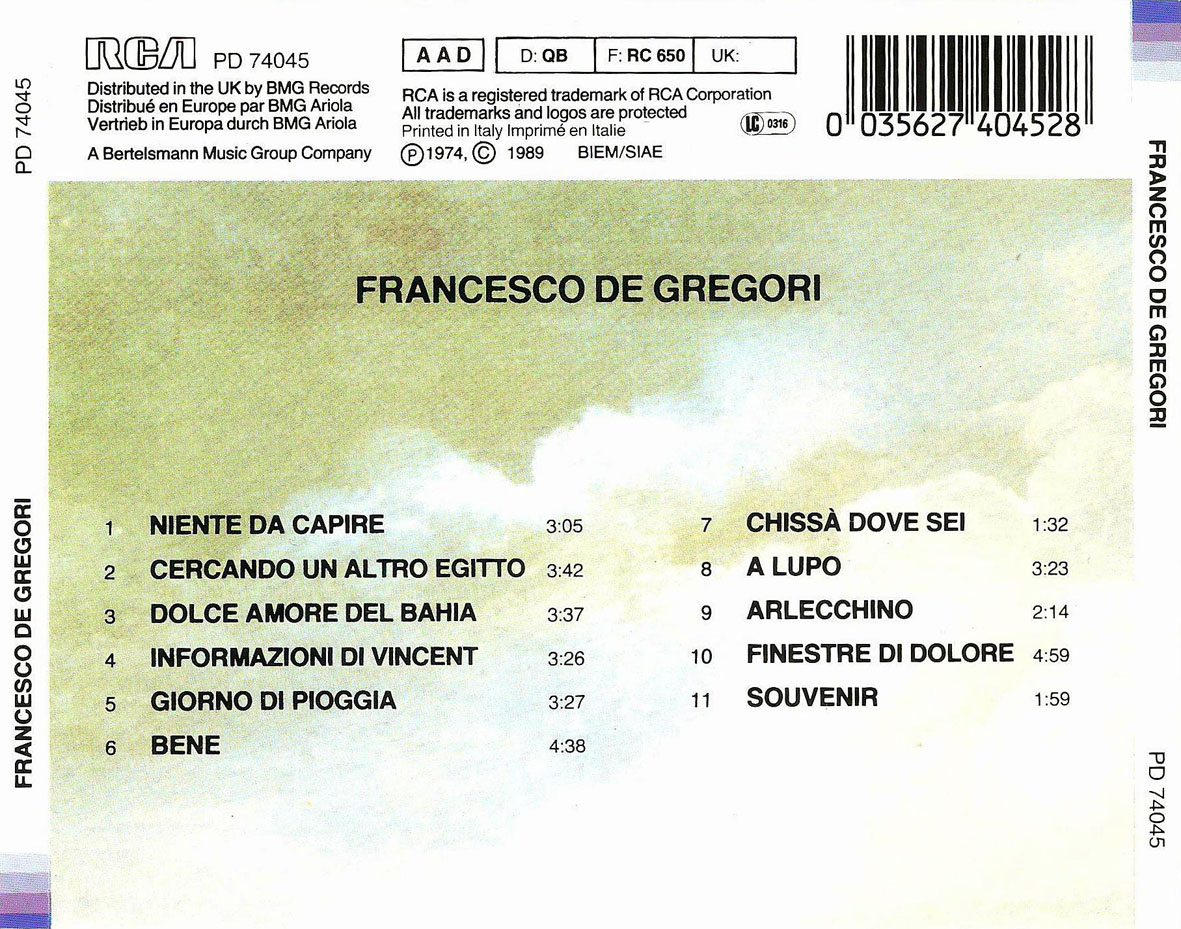 Cartula Trasera de Francesco De Gregori - Francesco De Gregori