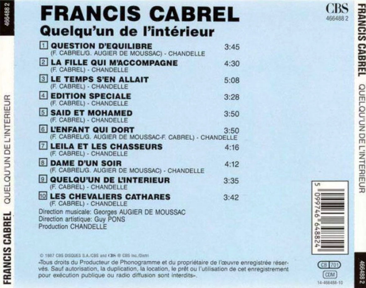 Cartula Trasera de Francis Cabrel - Quelqu'un De L'interieur
