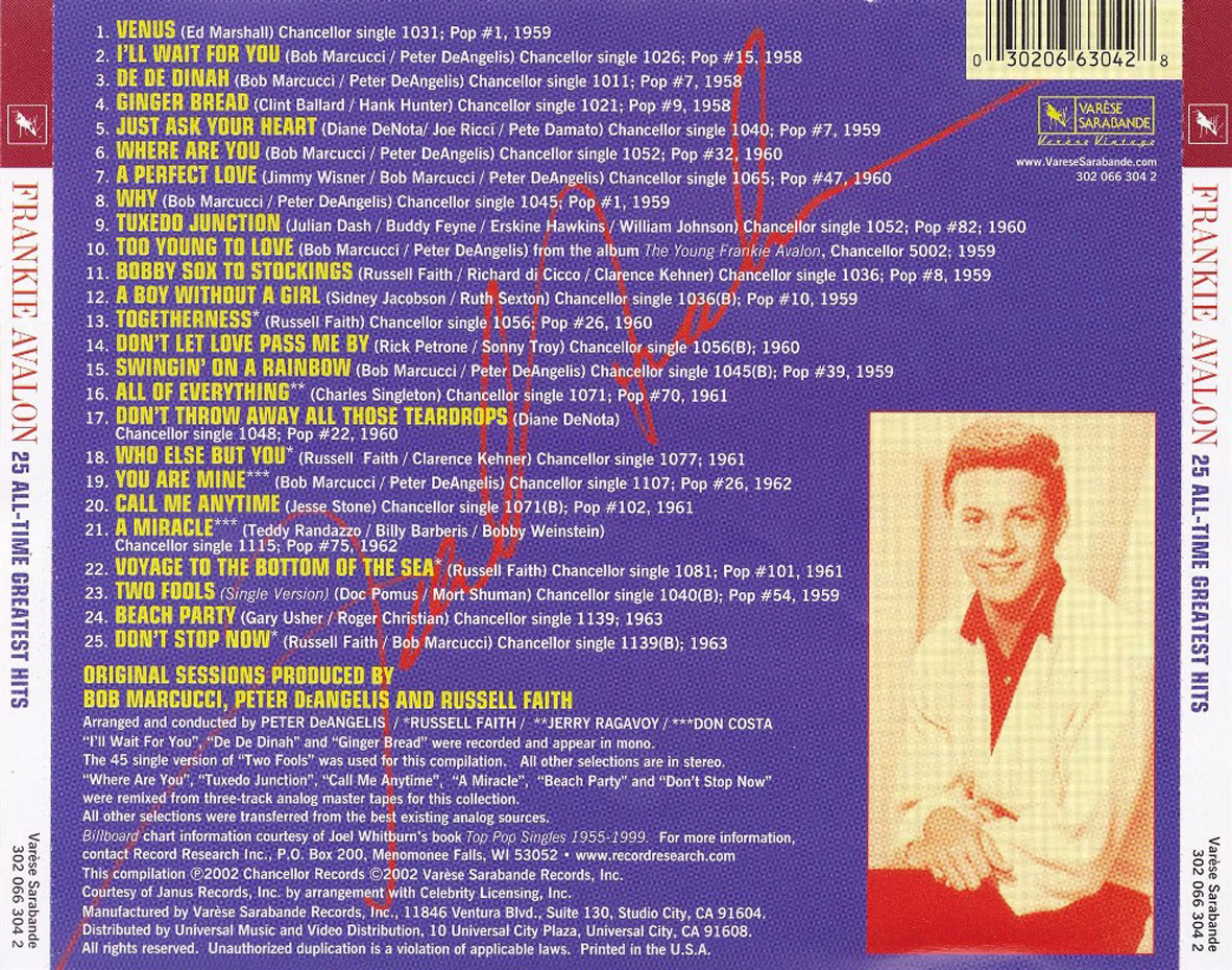 Cartula Trasera de Frankie Avalon - 25 All-Time Greatest Hits