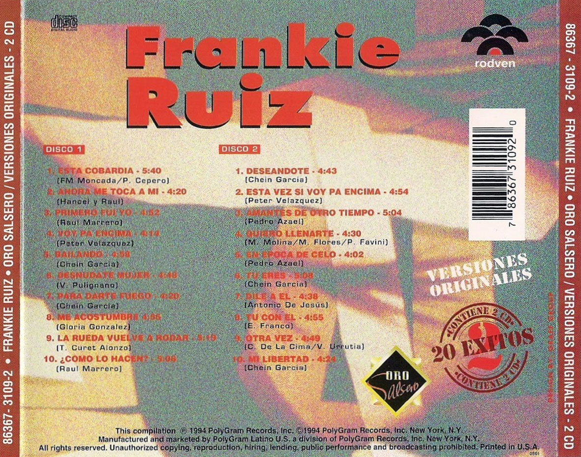 Cartula Trasera de Frankie Ruiz - Oro Salsero: 20 Exitos Volumen 1