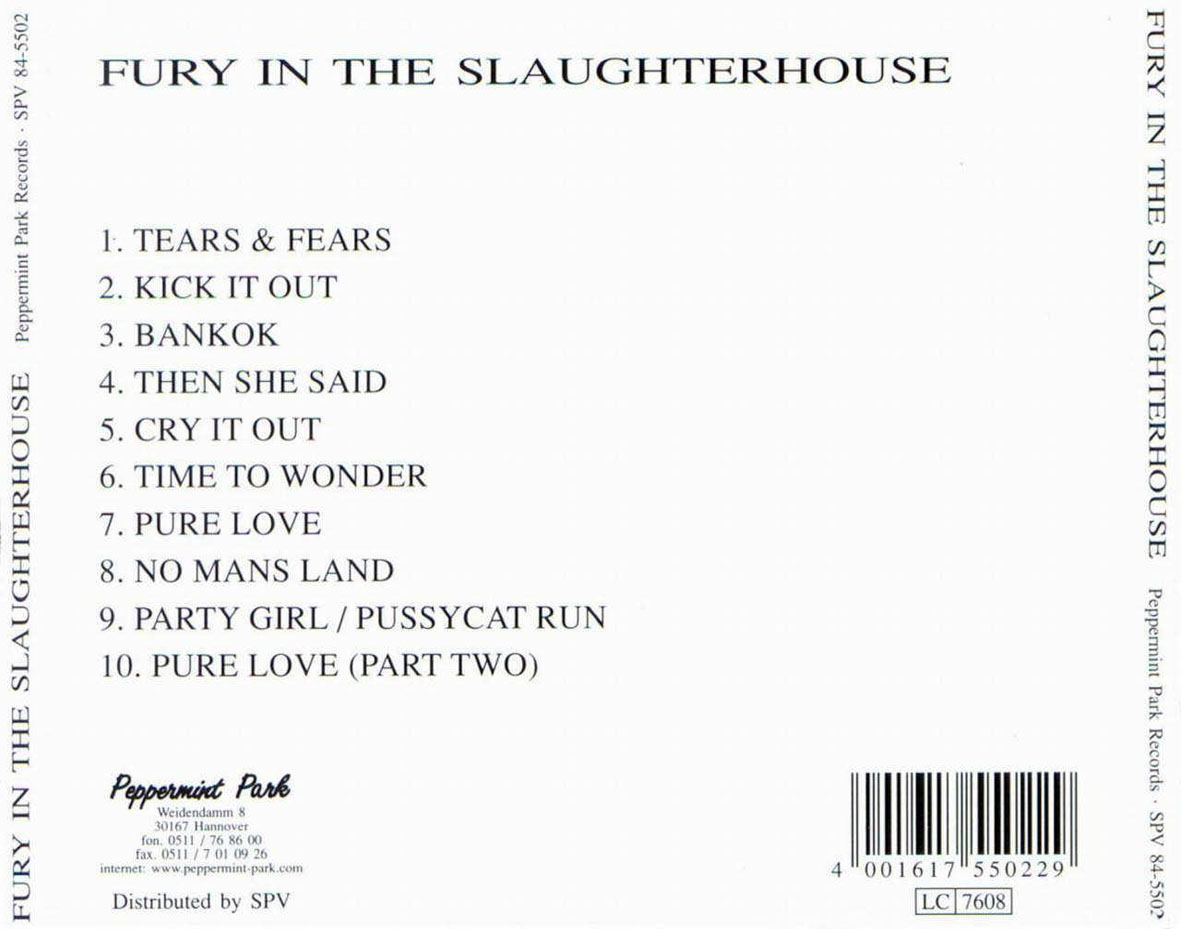 Cartula Trasera de Fury In The Slaughterhouse - Fury In The Slaughterhouse