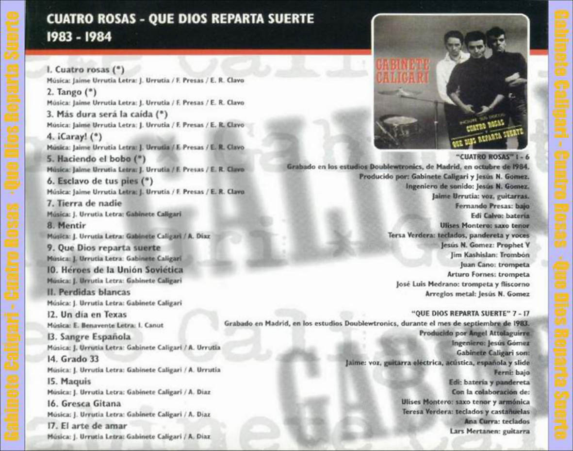 Cartula Trasera de Gabinete Caligari - Cuatro Rosas Que Dios Reparta Suerte
