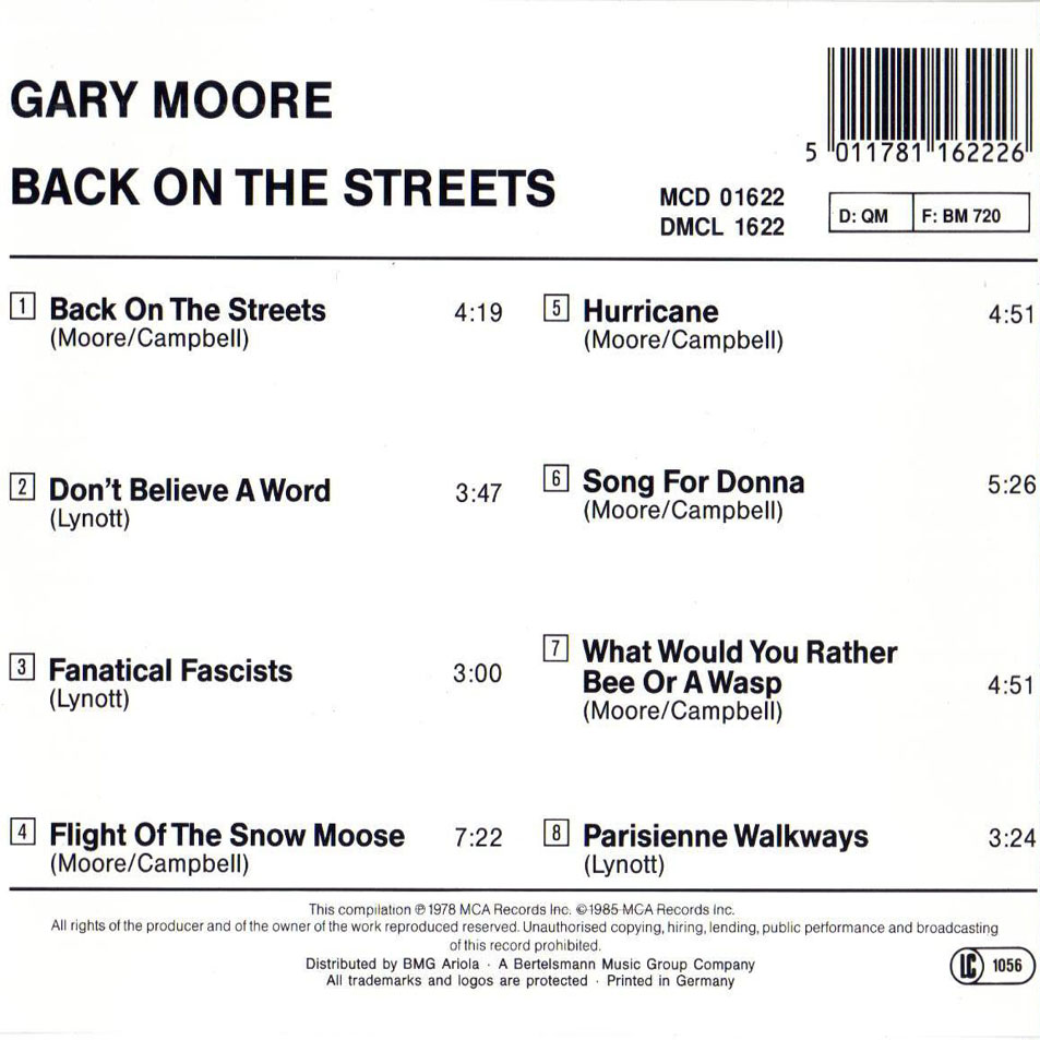 Cartula Interior Frontal de Gary Moore - Back On The Streets