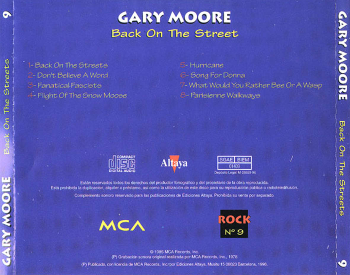 Cartula Trasera de Gary Moore - Back On The Streets