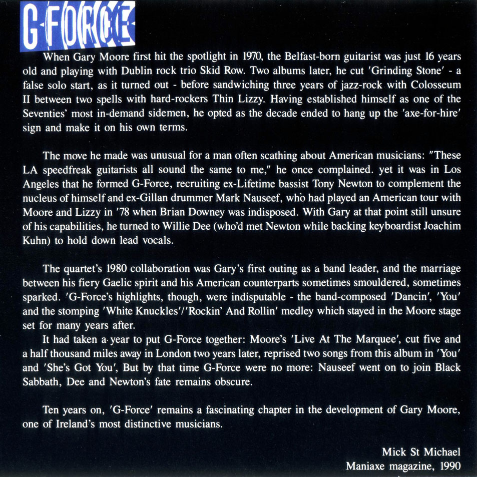 Cartula Interior Frontal de Gary Moore - G-Force