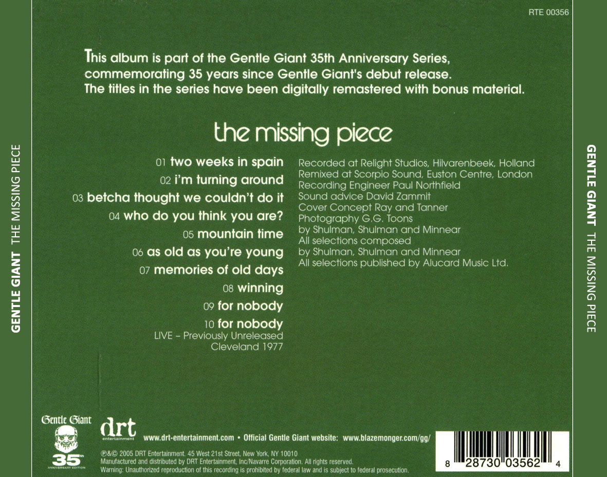 Cartula Trasera de Gentle Giant - The Missing Piece