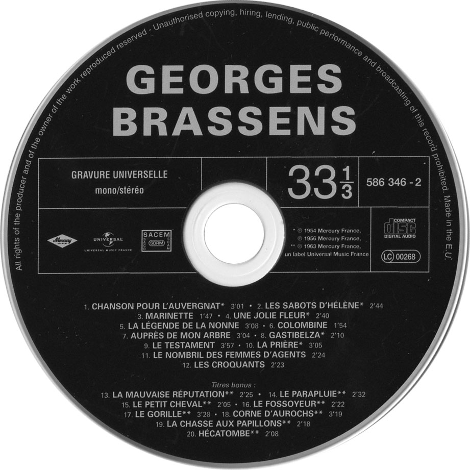 Cartula Cd de Georges Brassens - 3 Chanson Pour L'auvergnat