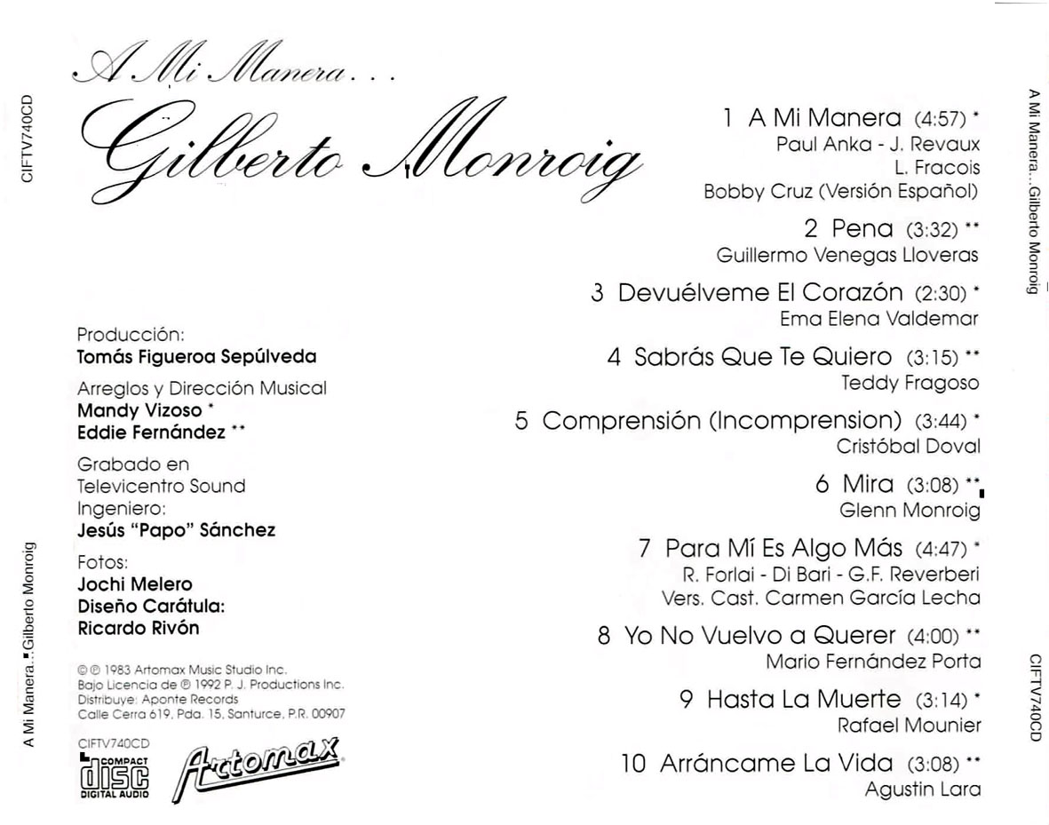Cartula Trasera de Gilberto Monroig - A Mi Manera