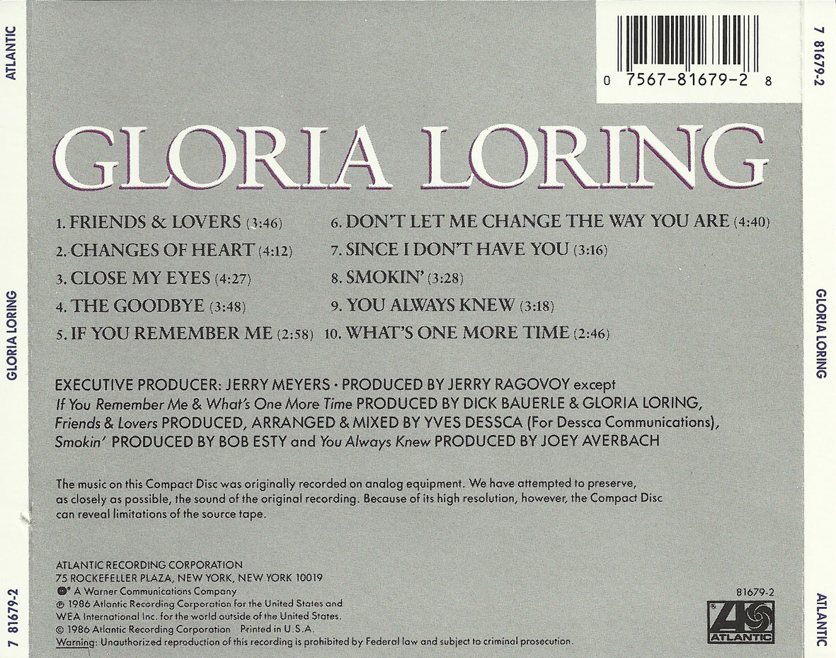 Cartula Trasera de Gloria Loring - Gloria Loring