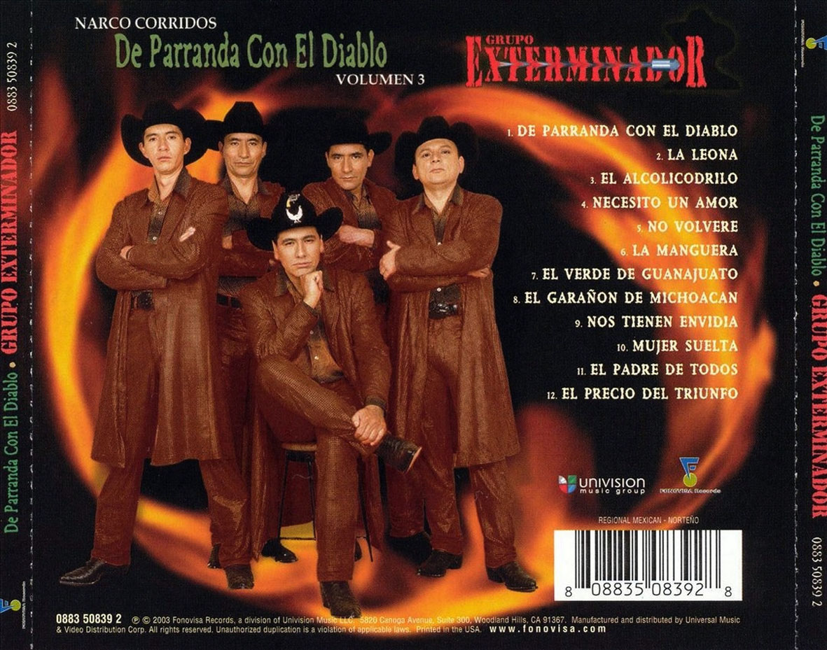 Cartula Trasera de Grupo Exterminador - Narco Corridos, Volumen 3: De Parranda Con El Diablo