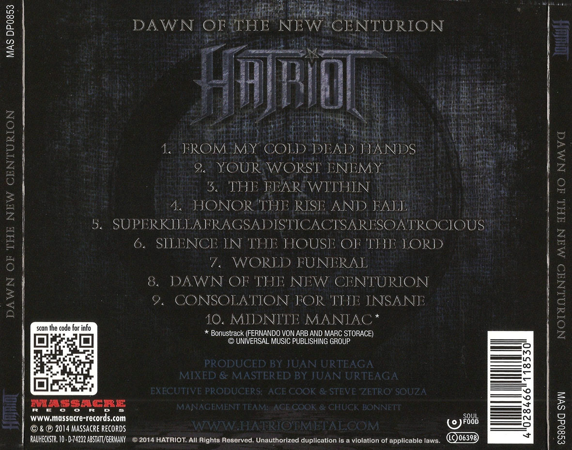 Cartula Trasera de Hatriot - Dawn Of The New Centurion (Limited Edition)