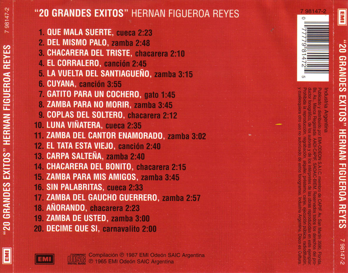 Cartula Trasera de Hernan Figueroa Reyes - 20 Grandes Exitos