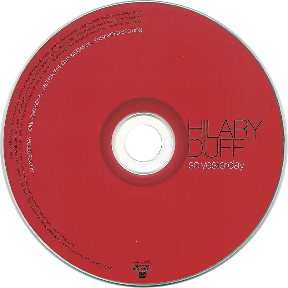 Cartula Cd de Hilary Duff - So Yesterday (Cd Single)