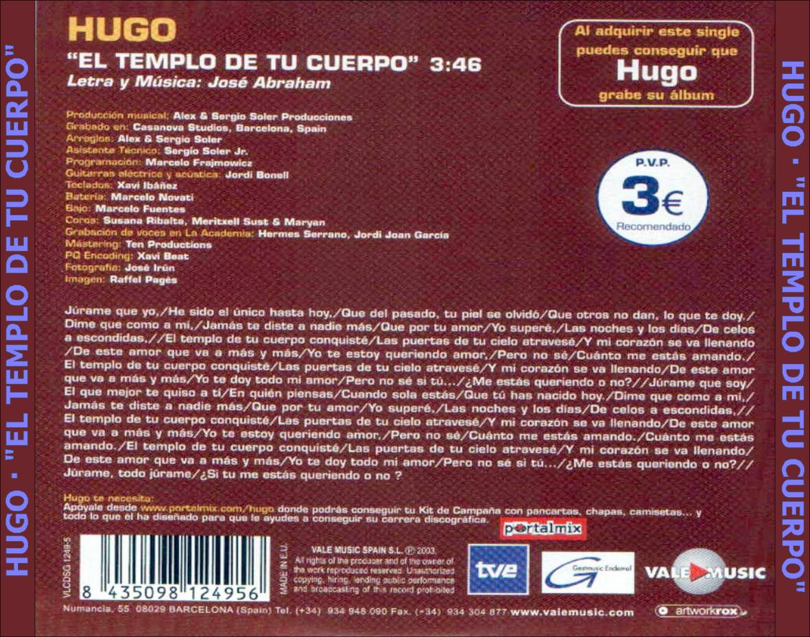 Cartula Trasera de Hugo - El Templo De Tu Cuerpo (Cd Single)