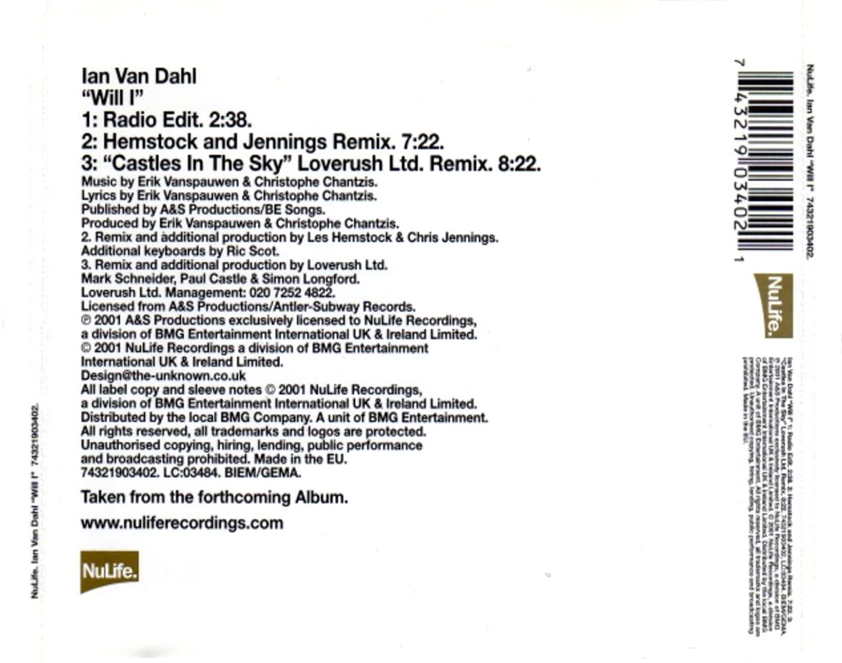 Cartula Trasera de Ian Van Dahl - Will I? (Cd Single) (Europa)
