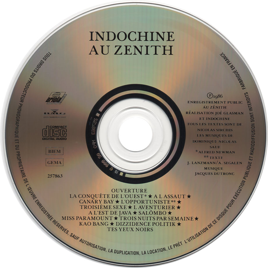 Cartula Cd de Indochine - Au Zenith