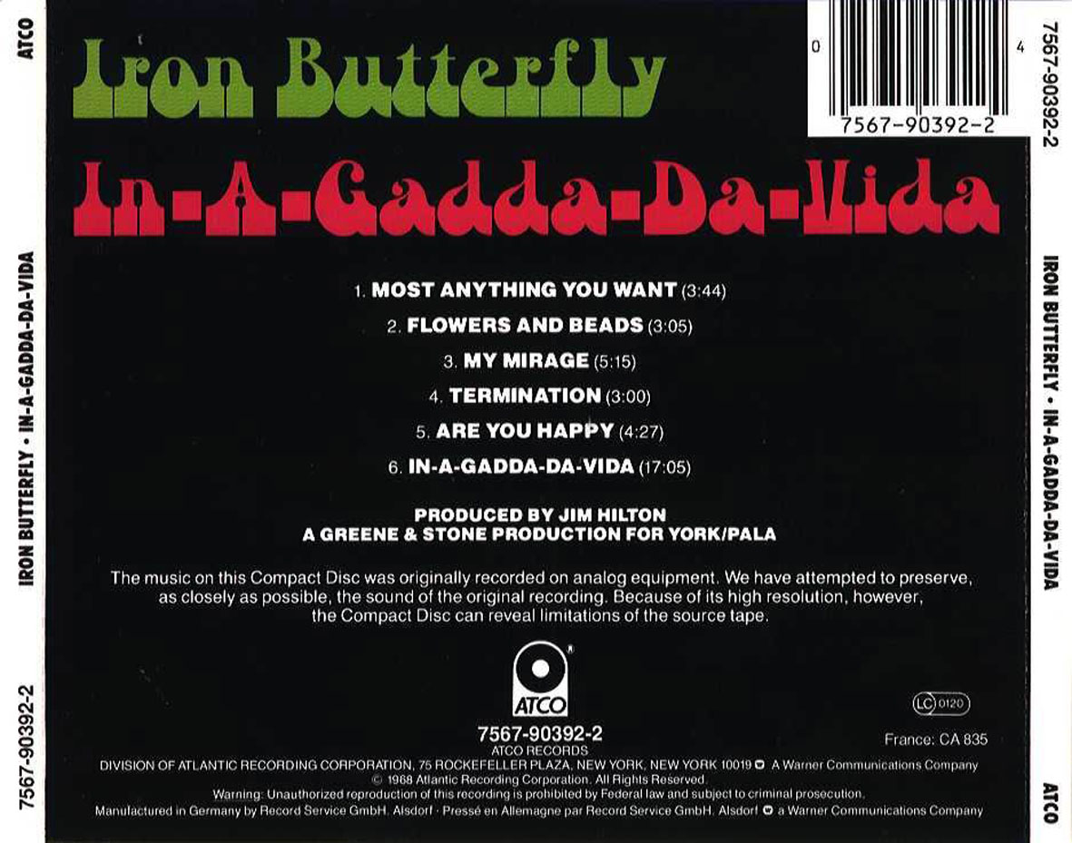 Cartula Trasera de Iron Butterfly - In-A-gadda-da-vida